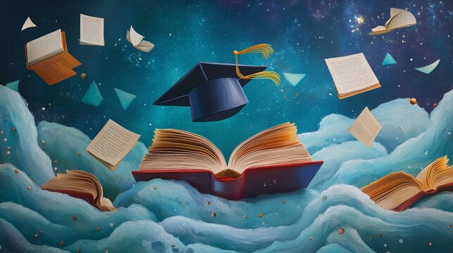 A symbolic composition representing academic success and financial growth with books and a graduation cap
