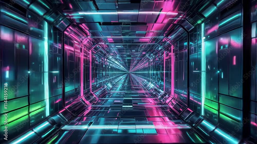 Poster vibrant neon lights illuminate a futuristic sci-fi corridor, creating a mesmerizing spectacle of col