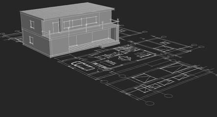 house architectural project sketch 3d illustration	