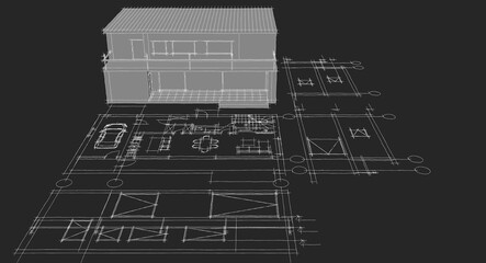 house architectural project sketch 3d illustration	