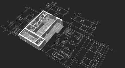 house architectural project sketch 3d illustration	