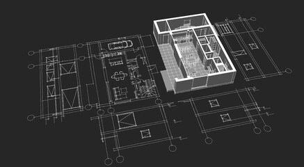 house architectural project sketch 3d illustration	
