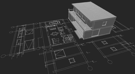 house architectural project sketch 3d illustration	