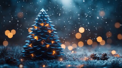 Obraz premium Modern industrial Christmas tree of layered blue steel plates, glowing with lights, snow-covered winter scene