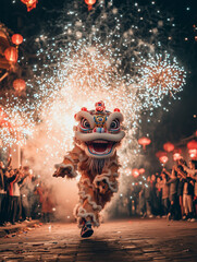 Vibrant lion dance captivates crowds amid festive fireworks and lanterns at night event