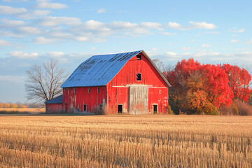 Obraz premium Red barn standing in harvested field with fall colors