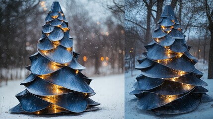 Modern industrial Christmas tree of layered blue steel plates, glowing with lights, snow-covered winter scene