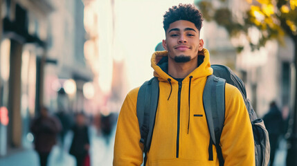 Fototapeta premium Young mixed race man wearing a yellow hoodie enjoys a vibrant city street during daytime