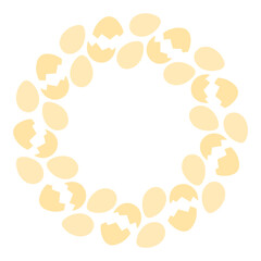 Whole Eggs and Cracked eggshell Circle Frame in trendy monochrome gold shade. Copy space Template