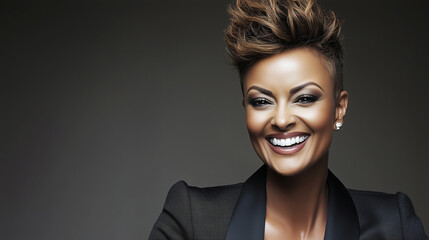 Bright smile of a mixed race woman showcasing vibrant personality in a professional setting