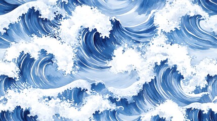 Coastal waves in watercolor, hand-drawn blue and white marine theme