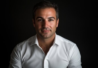 Fototapeta premium Confident Young Man in White Shirt with Neutral Expression Posing Against Dark Background, Ideal for Professional and Business-Themed Stock Photography