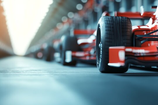 Race cars lined up in a dimly lit garage ahead of a thrilling event showcasing automotive engineering and speed