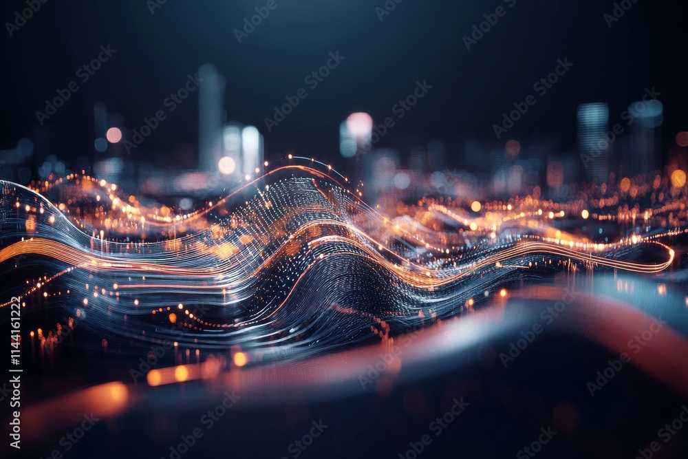 Poster Digital waves of light and color create a mesmerizing visual landscape in an abstract urban setting