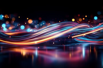 Colorful light trails create a vibrant, dynamic display against a dark background in a modern artistic representation