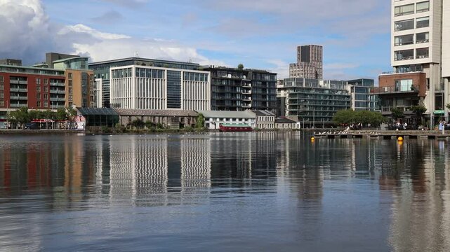 Grand Canal docklands in downtown Dublin, Ireland. Modern office and residential architecture.
