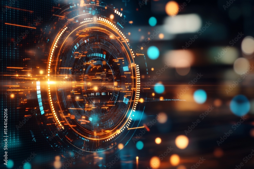 Poster abstract digital design showcasing vibrant circular patterns and glowing particles in a futuristic s