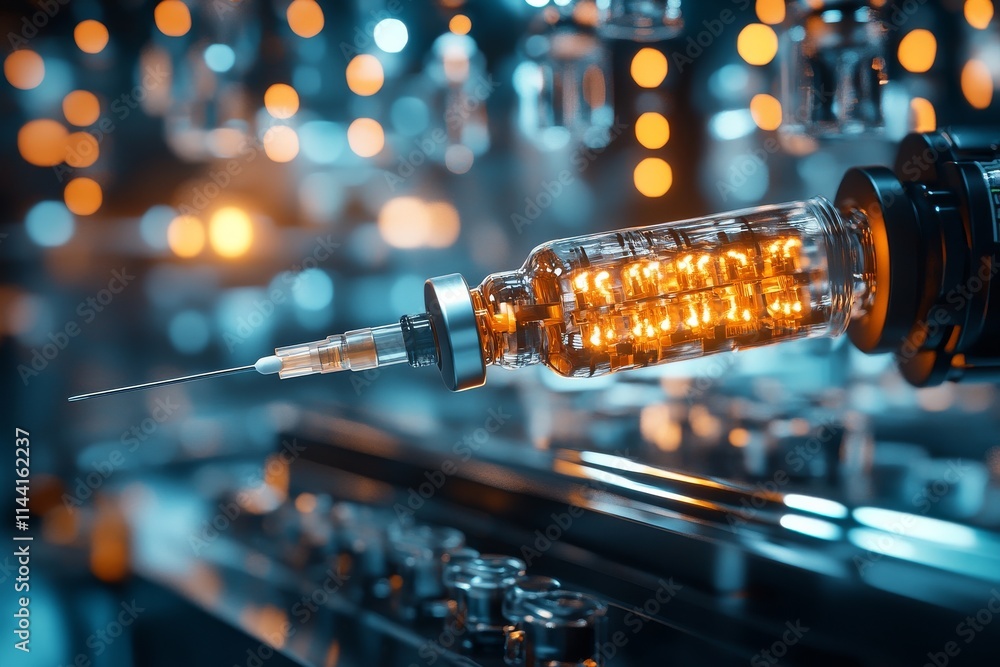 Poster detailed view of a futuristic syringe with glowing elements in a technologically advanced laboratory