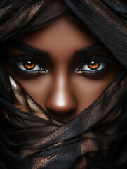 Naklejka premium Portrait of a Black person in a traditional outfit with striking features and intense gaze