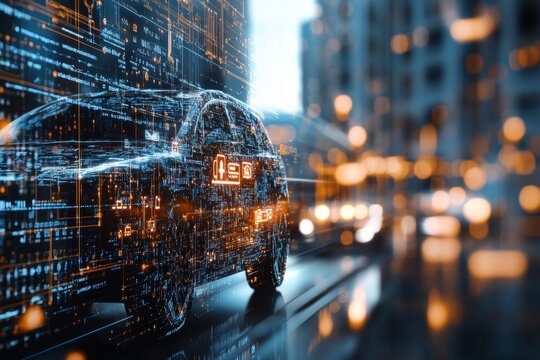 Digital car technology transforms urban transportation with connectivity and innovation in a modern city at dusk