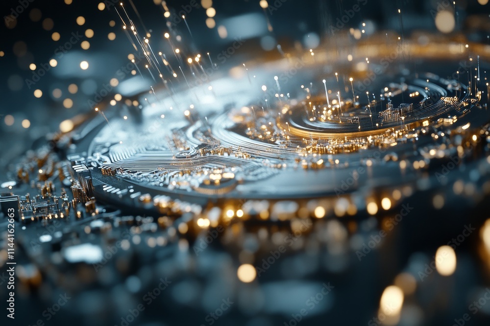 Poster dazzling close-up of a futuristic circuit design illuminated by glowing particles and intricate deta