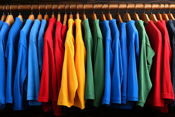 Fototapeta premium Bunte Langarmshirts auf Holzbügeln vor dunklem Hintergrund 