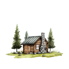 Watercolor of a Traditional Wooden House in Forest