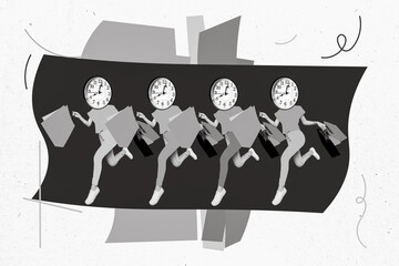 Creative photo 3d collage artwork poster caricature of people hurrying running buy low prices clothes isolated on painting background