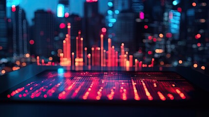 Neon Data Analysis Tablet City Lights Background Representing Financial Market Data Insights Stock Trading Investment Strategy Digital Business