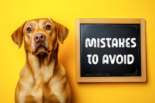 Dog and a chalkboard with a mistakes to avoid message on it. Conceptual mistakes to avoid symbol. Copy space.