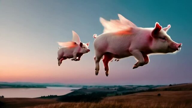 Flying pigs depicted in a humorous, lighthearted scenario defying reality