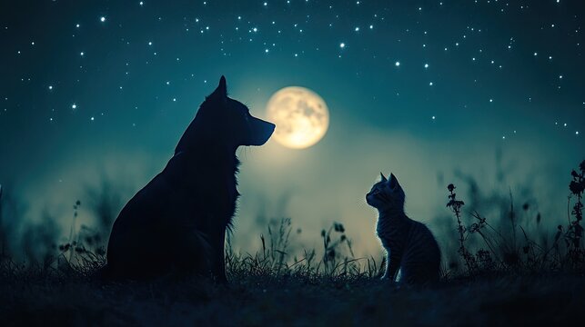 Night Photography Dog Cat Starry Background Moonlight Creating Heartwarming Scene Pets Magical Setting Animal Photography Pet Lovers Greeting Cards