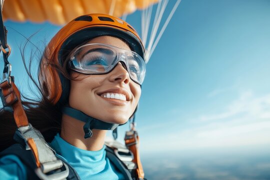 Smiling woman enjoying parachuting adventure on a sunny day with a clear blue sky