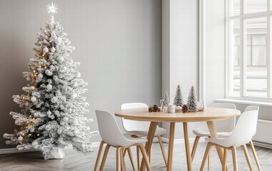 A minimalist holiday dining room with a round wood table, white chairs, and a frosted Christmas tree adding a cozy touch