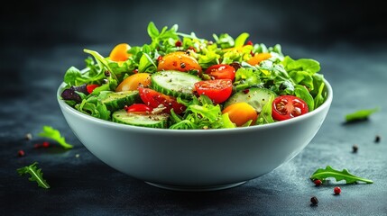 Fresh mixed greens salad in a bowl with cherry tomatoes, cucumbers, and other vegetables.