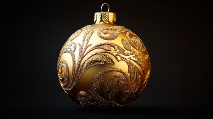 Elegant gold Christmas ball, softly illuminated, set against a black backdrop