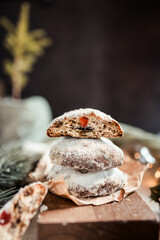 Christmas stollen cookies on the festive table, Scandinavian style, Scandinavian Christmas, candles, Christmas tree