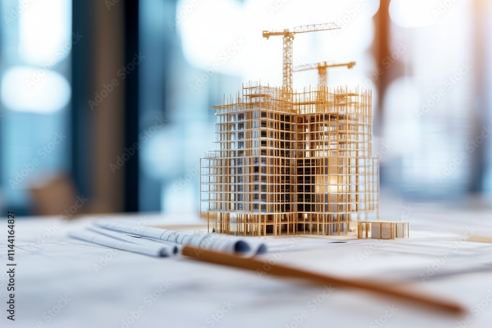 Poster construction model displayed on blueprint with cranes and natural light in the background
