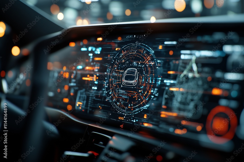 Poster high-tech dashboard display shows various vehicle metrics and data in a modern interior on a city st