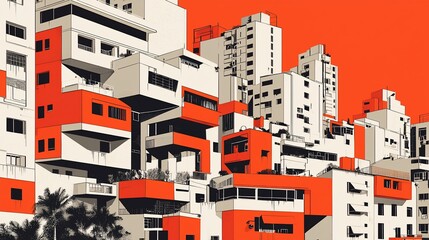 Abstract illustration of orange and white buildings.