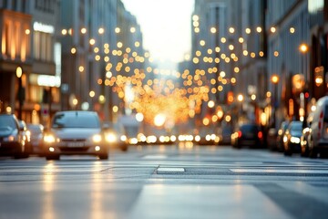 Evening traffic illuminated by glimmering city lights on a bustling urban street during twilight...