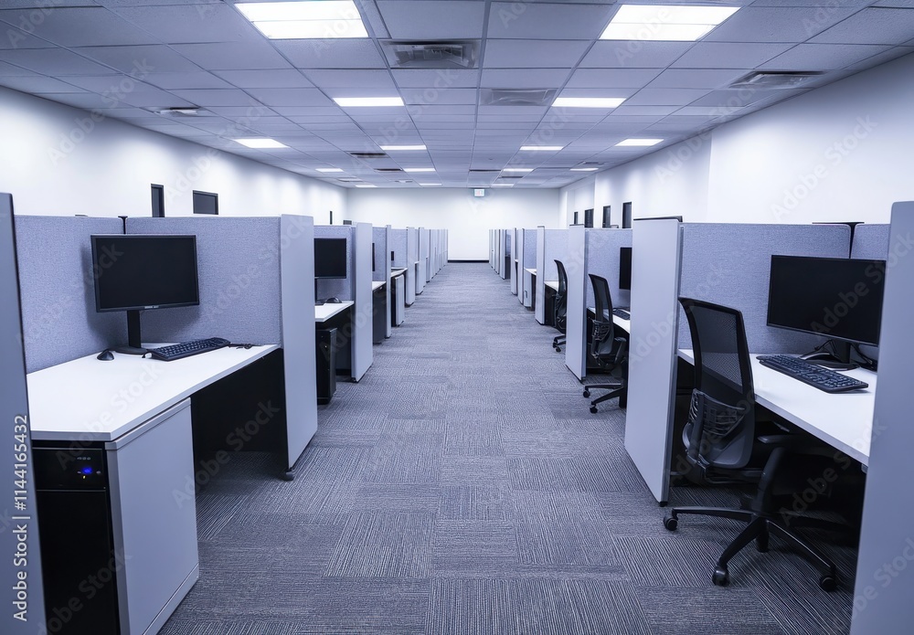 Poster modern and minimalist office space with rows of workstations and computer monitors in a brightly lit