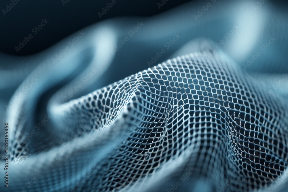 Poster textured blue fabric with mesh pattern showcasing intricate design and soft folds in a close-up view