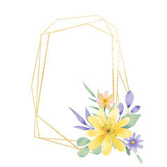 Floral geometric gold frame. Watercolor hand drawing golden border with place for text, with flowers and leaves. Isolated on white background.	