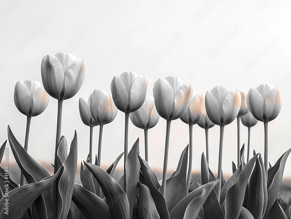 Poster striking monochromatic tulip field with selective color highlighting uniqueness in nature