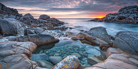 Beautiful coastal landscape at sunset showcasing rocks and tidal pools