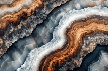 Obraz premium Abstract, flowing pattern on the surface of an agate, highlighting intricate patterns and textures in shades of brown, gray, white, black and shades of blue, reminiscent of natural rock formations.