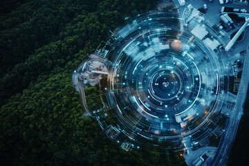 High-tech drone view captures a digital overlay of industrial site amidst lush green forest