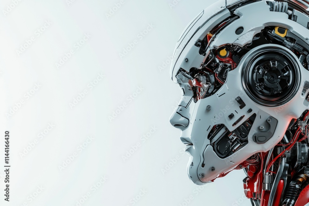 Poster robotic head showcasing advanced technology and intricate design in a modern setting