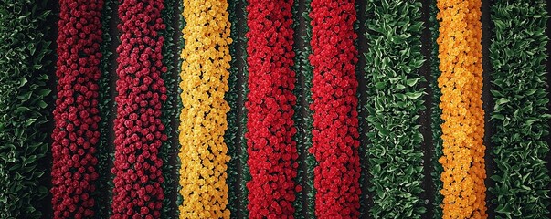 Obraz premium Drone View of Symmetric Rows of Vibrant Red and Yellow Tulips Creating Geometric Patterns